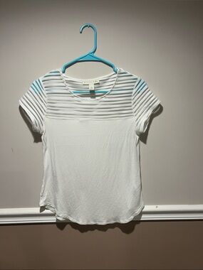 Women's White Short Sleeve Top with Sheer Stripe Yoke